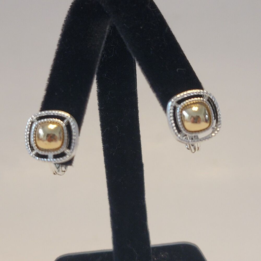 Vintage Signed NWH Clip-On Earrings Silver-Tone Square with Gold Colored Stone